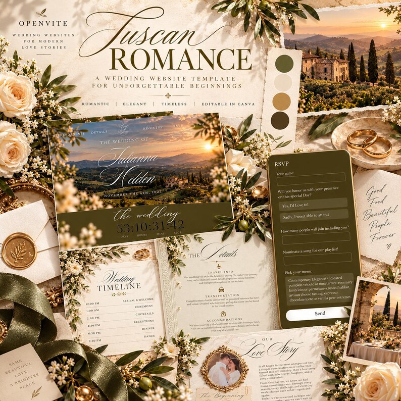 Op de afbeelding: Een trouwwebsite-sjabloon getiteld Tuscan Romance met een landschapsfoto van een villa in Toscane, een afteltimer, RSVP-formulier, trouwtijdlijn en detailssectie, versierd met cr&egrave;mekleurige rozen, olijftakken en gouden ringen.