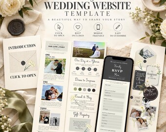 Klassische Hochzeitswebsite-Vorlage mit RSVP-Funktion, Countdown, minimalistischem floralem Design in Elfenbein-Schwarz, anklickbarem Umschlag und Fragen