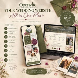 Op de afbeelding: Een digitale trouwwebsite-service van Openvite weergegeven op een smartphone en laptop. De interface bevat een afteltimer, een RSVP-formulier en evenementdetails. Het ontwerp bevat florale accenten, foto's van een koppel en tekstoverlays.
