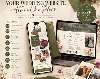 Hochzeitswebsite in Burgunderrot, Design für olivgrüne Umschläge mit RSVP-Funktion, Countdown, Zeitleiste und Wunschliste (Canva-Vorlage)