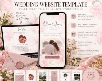 Vorlage für eine Hochzeitswebsite in Rosa, Canva-Website in zartem Pfingstrosen-Look mit RSVP-Funktion, interaktiver digitaler Einladung, anpassbarer Ölgemälde-Stil