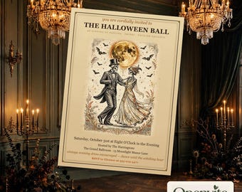 Einladungsvorlage für einen Halloweenball, Vintage-Einladung mit tanzendem Skelett (5x7 Zoll), bearbeitbare Canva-Vorlage, Halloweenparty für Erwachsene