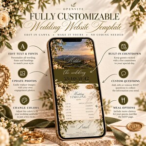Op de afbeelding: Een smartphone met een volledig aanpasbare trouwwebsite-sjabloon met de tekst OpenVite, The Wedding of Julianna & Holden en Wedding Timeline. Het scherm toont een afteltimer, een evenementenschema en reisinformatie.