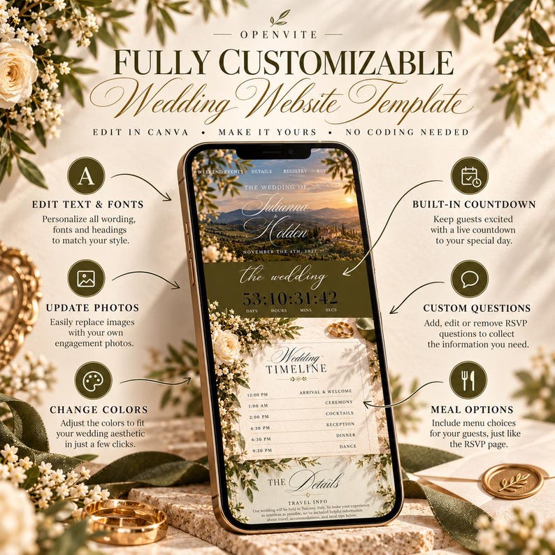 Op de afbeelding: Een smartphone met een volledig aanpasbare trouwwebsite-sjabloon met de tekst OpenVite, The Wedding of Julianna & Holden en Wedding Timeline. Het scherm toont een afteltimer, een evenementenschema en reisinformatie.