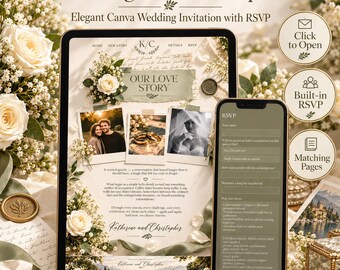 Hochzeitswebsite-Vorlage in Salbeigrün, Canva-Seite mit RSVP-Funktion, digitale Hochzeitseinladung im Stil der alten Schule, bearbeitbarer Umschlag, Liebesgeschichte