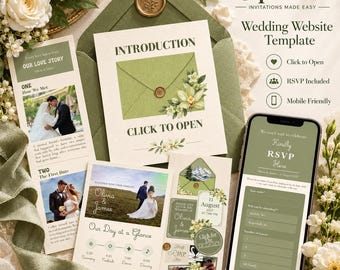 Hochzeitswebsite in Elfenbein | Salbeigrüne florale Canva-Website-Vorlage mit RSVP-Funktion, Countdown-Timer und Liebesgeschichte