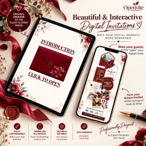 Op de afbeelding: Een tablet en smartphone tonen interactieve digitale uitnodigingen met florale accenten en donkerrode enveloppen. De schermen bevatten tekst zoals Introduction, Click to Open en afteltimers. Het ontwerp bevat bordeauxrode rozen en waszegelafbeeldingen.