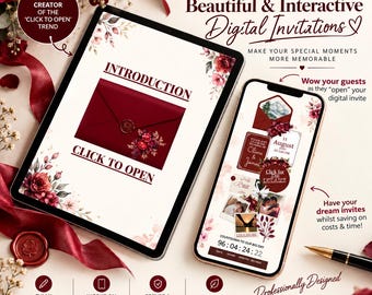 Hochzeitswebsite-Vorlage in Burgunderrot, florale Canva-Hochzeitswebsite mit RSVP-Funktion, Countdown & Wunschliste, bearbeitbare digitale Einladung
