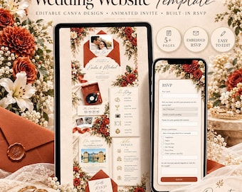 Hochzeitswebsite-Vorlage in Terrakotta, animierte Canva-Hochzeitswebsite mit RSVP-Funktion und Countdown, Einladung in gebranntem Orange für den Herbst