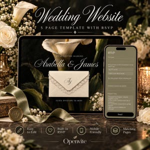 Op de afbeelding: Een digitale trouwwebsite-sjabloon weergegeven op een tablet en smartphone, met de tekst Wedding Website, 5 Page Template with RSVP, Arabella & James, en een envelopafbeelding met de initialen AJ. Inclusief Openvite-branding.