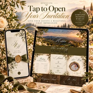 Op de afbeelding: Een digitaal trouwuitnodigingssjabloon weergegeven op een smartphone en tabletscherm. Het ontwerp heeft een cr&egrave;mekleurige achtergrond met groen gebladerte, een gouden waszegel en de tekst "Tap to Open Your Invitation" en "A Complete Wedding Website".
