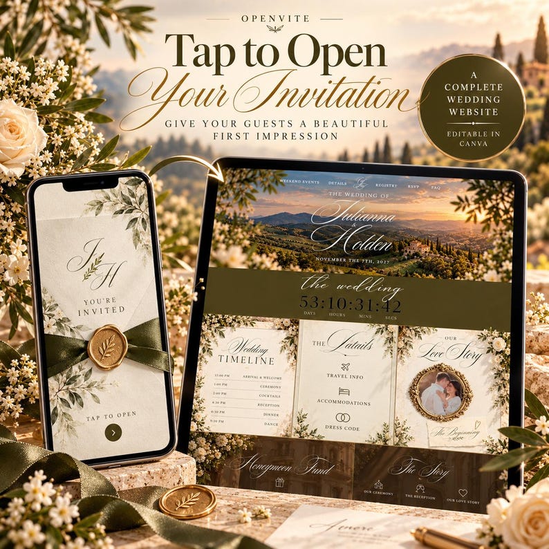 Op de afbeelding: Een digitaal trouwuitnodigingssjabloon weergegeven op een smartphone en tabletscherm. Het ontwerp heeft een cr&egrave;mekleurige achtergrond met groen gebladerte, een gouden waszegel en de tekst "Tap to Open Your Invitation" en "A Complete Wedding Website".