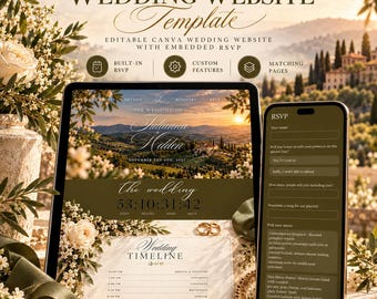 Vorlage für eine Hochzeitswebsite im Stil der alten Schule, Vintage-Canva-Website mit RSVP, Countdown und Liebesgeschichte, digitale Einladung in Olivengrün, bearbeitbar