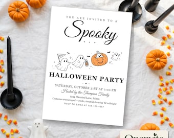 Minimalistische Halloween-Einladungsvorlage, niedliche Geisterparty-Einladung, bearbeitbare Canva-Einladung (5x7 Zoll), Kinder-Halloweenparty, Sofort-Download