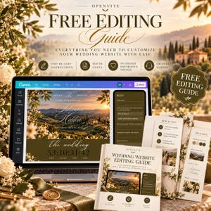 Op de afbeelding: Een laptop met een Canva-sjabloon voor een trouwwebsite naast een gedrukte gids genaamd OpenVite Wedding Website Editing Guide. Het scherm toont een landschapsfoto van een villa met de tekst The Wedding of Julianna & Holden.
