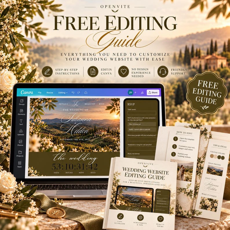 Op de afbeelding: Een laptop met een Canva-sjabloon voor een trouwwebsite naast een gedrukte gids genaamd OpenVite Wedding Website Editing Guide. Het scherm toont een landschapsfoto van een villa met de tekst The Wedding of Julianna & Holden.