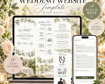 Website für Hochzeitseinladungen, Eukalyptus-Design mit nachverfolgbarer Antwortmöglichkeit, Zeitleiste und Countdown (Canva-Vorlage)