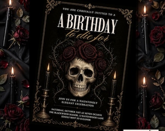 Einladungsvorlage für eine Geburtstagsfeier im Gothic-Skelett-Design, Dunkle Geburtstagseinladung, Bearbeitbare, druckbare Einladung zur Totenkopf-Party, Sofort-Download