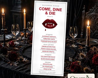 Vorlage für ein Halloween-Dinner-Menü, Vampir-Menükarte (4x9 Zoll), bearbeitbares Canva-Menü, druckbares Grusel-Dinner-Menü, Sofort-Download