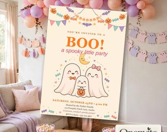Niedliche Halloween-Einladungsvorlage mit Geistermotiven, Einladung zur Kinder-Halloweenparty, bearbeitbare Canva-Vorlage (5x7 Zoll), Süßes oder Saures-Party, Sofort-Download