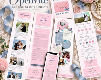 Vorlage für eine blaue Hochzeitswebsite mit RSVP-Funktion, Countdown, zartrosa und staubblauen Blumenmotiven und einem per Klick zu öffnenden Umschlag