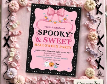 Verspielte Halloween-Einladungsvorlage, schaurig-schöne Partyeinladung, bearbeitbare Canva-Vorlage (5x7 Zoll), kokette Schleife für die Halloween-Party, Download