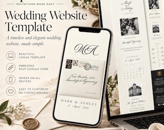 Canva-Hochzeitswebsite-Vorlage, klassisches, zeitloses Design in Schwarz-Weiß, anpassbar mit RSVP-Funktion, Countdown und Bearbeitungsanleitung