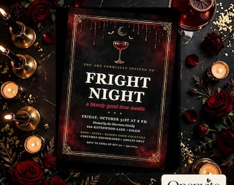 Vorlage für eine blutige Halloween-Einladung, bearbeitbare Einladung zur Vampir-Cocktailparty (5x7 Zoll), druckbare Einladung für die Gruselnacht, sofortiger Download