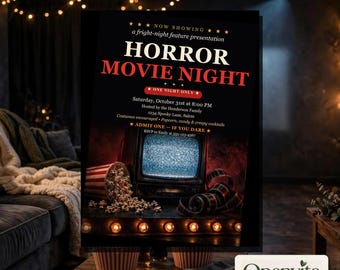 Vorlage für eine Einladung zum Horrorfilmabend, bearbeitbare Einladung (5x7 Zoll) für eine Gruselfilmparty, Halloween-Filmnacht, druckbar, sofortiger Download