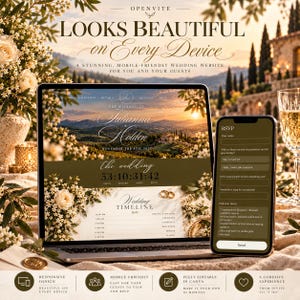 Op de afbeelding: Een laptop en smartphone tonen een trouwwebsite-sjabloon met de tekst "The Wedding of Julianna & Holden" en "Wedding Timeline" over een landschapsafbeelding, inclusief een RSVP-formulier met velden voor naam en menukeuze.