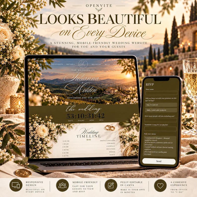 Op de afbeelding: Een laptop en smartphone tonen een trouwwebsite-sjabloon met de tekst "The Wedding of Julianna & Holden" en "Wedding Timeline" over een landschapsafbeelding, inclusief een RSVP-formulier met velden voor naam en menukeuze.