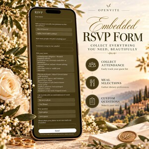 Op de afbeelding: Een smartphone toont een ingesloten OpenVite RSVP-formulier met velden voor namen, aanwezigheid, menukeuzes en aangepaste vragen. Het scherm toont menutekst en een verzendknop, naast witte bloemen en een lakzegel op een ondergrond.