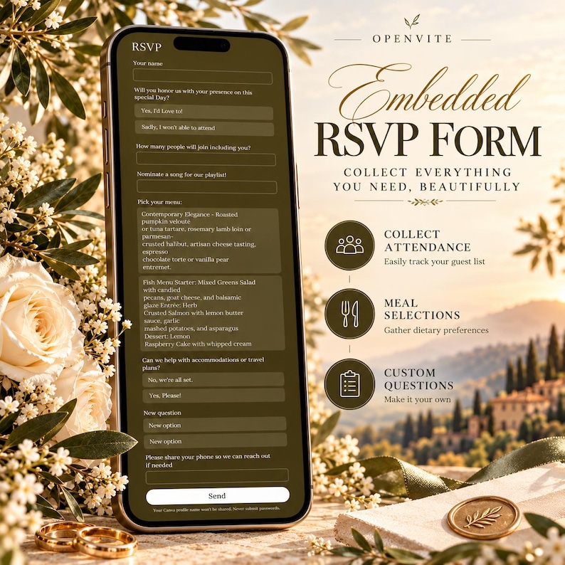 Op de afbeelding: Een smartphone toont een ingesloten OpenVite RSVP-formulier met velden voor namen, aanwezigheid, menukeuzes en aangepaste vragen. Het scherm toont menutekst en een verzendknop, naast witte bloemen en een lakzegel op een ondergrond.