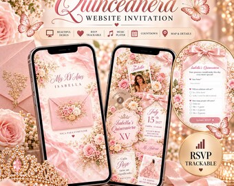 Quinceanera Website Template Pink Gold Digital Invitation Website with RSVP Tracker, Editable Canva Invite, Countdown Music Mis Quince
