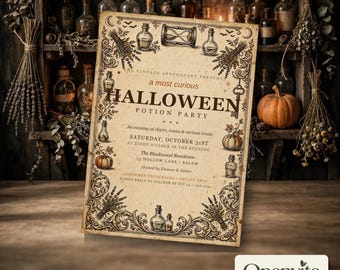 Vintage-Halloween-Einladungsvorlage, Einladung zur Apotheker-Trankparty (5x7 Zoll), bearbeitbare und druckbare Canva-Vorlage, sofortiger Download