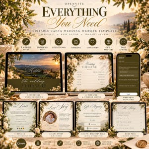 Op de afbeelding: Een bewerkbare Canva-trouwwebsite-sjabloon met vijf pagina's, inclusief een startpagina met afteltimer, tijdlijn, liefdesverhaal, cadeaulijst en veelgestelde vragen, voorzien van een zonsonderganglandschap en bloemmotieven.