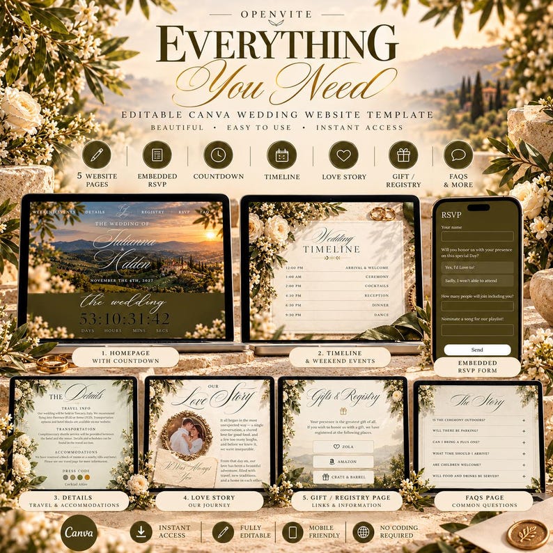 Op de afbeelding: Een bewerkbare Canva-trouwwebsite-sjabloon met vijf pagina's, inclusief een startpagina met afteltimer, tijdlijn, liefdesverhaal, cadeaulijst en veelgestelde vragen, voorzien van een zonsonderganglandschap en bloemmotieven.