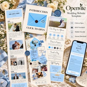 Op de afbeelding: Een digitale trouwwebsite-sjabloon met een lichtblauw en wit kleurenschema en bloemaccenten. De lay-out bevat secties voor een liefdesverhaal, tijdlijn, RSVP-formulier en fotogalerijen, weergegeven op papieren kaarten en een smartphonescherm.