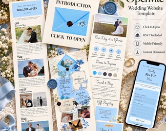 Hochzeitswebsite-Vorlage in Staubblau mit RSVP-Funktion, Countdown, digitaler Einladung mit Blumenmuster, Umschlag zum Öffnen per Klick und Liebesgeschichte