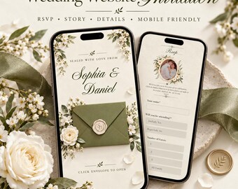Sage Green Wedding Website Template with RSVP, Editable Canva Wedding Invitation Website, Ivory Floral Envelope Wax Seal, Digital Website