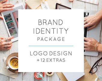 May include: A white square with the text "BRAND IDENTITY PACKAGE" and "LOGO DESIGN + 12 EXTRAS" in grey text on a white background.