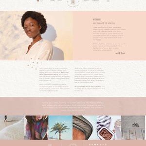 May include: A website homepage for Maya Rose Home Decor. The website features a photo of a woman with a warm, inviting smile. The text "Hi there! My name is Maya" is displayed in a pink box. The website also features a variety of images of home decor items, including a palm tree, a bowl of food, and a bicycle.