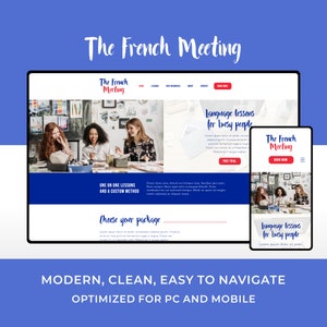 May include: Website screenshot showing a webpage for The French Meeting, a language learning service. The website features a photo of three women in a classroom setting, with the text "Language lessons for busy people" and "Free Trial" on the page. The website is optimized for both desktop and mobile devices.