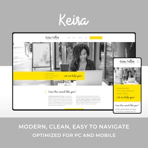 Könnte beinhalten: Ein Schwarzweiß-Website-Mockup mit einem gelben Banner, auf dem "Lass mich dir helfen!" und der Text "Überfordert mit den administrativen Aufgaben deines Unternehmens?" steht. Die Website ist für eine virtuelle Assistentin namens Keira Fuller.