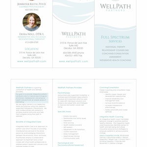May include: WellPath Partners is a group of health and wellness providers offering a full spectrum of services including individual therapy, relationship counseling, coaching, consultation, assessment, and integrative health coaching. The business card features a blue and green leaf design with the company name and contact information.
