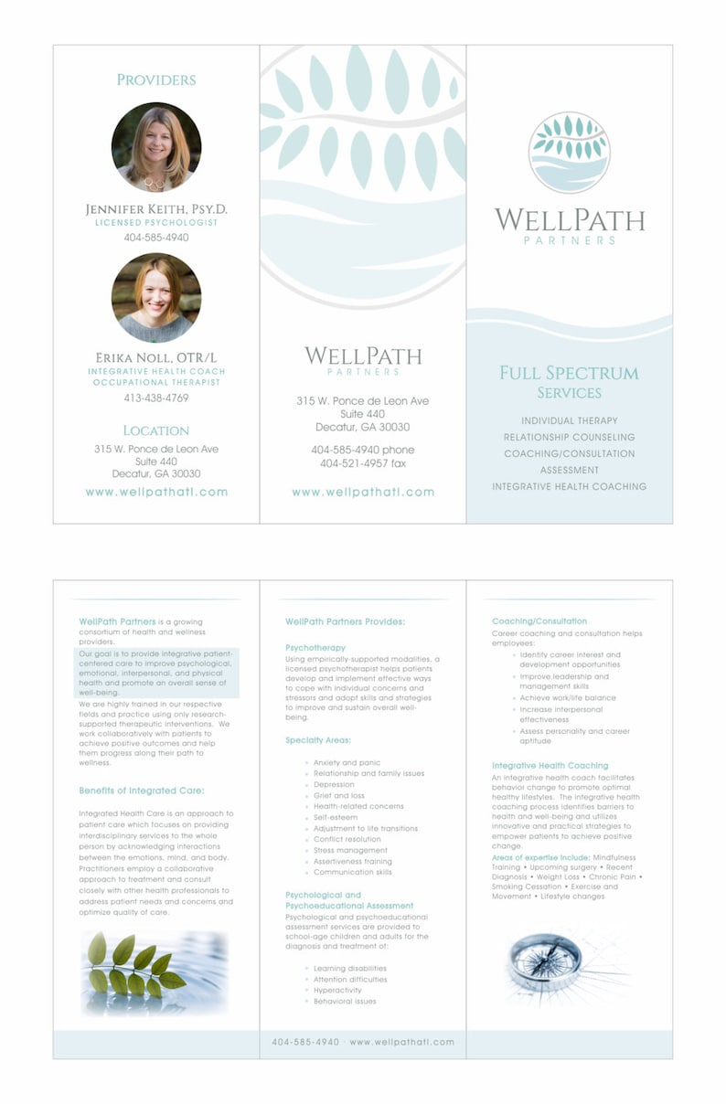 May include: WellPath Partners is a group of health and wellness providers offering a full spectrum of services including individual therapy, relationship counseling, coaching, consultation, assessment, and integrative health coaching. The business card features a blue and green leaf design with the company name and contact information.