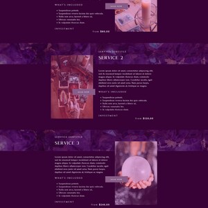 May include: Website homepage for Luna & Sage Boutique, a business offering services related to spirituality and wellness. The website features a purple background with images of crystals, candles, and a crystal ball. The text on the page describes three different services with prices and descriptions of what is included in each service. The website also includes a call to action to join the community and get access to a ton of useful resources.