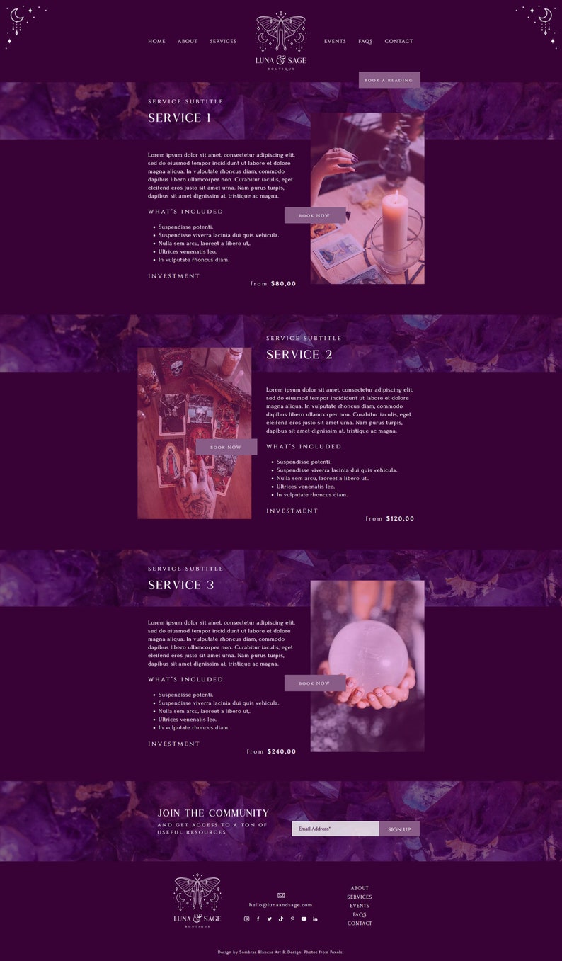 May include: Website homepage for Luna & Sage Boutique, a business offering services related to spirituality and wellness. The website features a purple background with images of crystals, candles, and a crystal ball. The text on the page describes three different services with prices and descriptions of what is included in each service. The website also includes a call to action to join the community and get access to a ton of useful resources.
