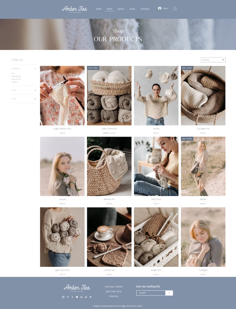 K&ouml;nnte beinhalten: Eine Website-Startseite f&uuml;r Amber Tles Handmades, die eine Auswahl an Stricksets aus Naturwolle und fertigen Kleidungsst&uuml;cken zeigt. Die Website verf&uuml;gt &uuml;ber einen Shop-Bereich mit Bildern verschiedener Stricksets und Kleidungsst&uuml;cke, darunter eine hellgraue M&uuml;tze, ein Babykleid-Set, ein Cardigan-Set, eine Jacke, ein Decken-Set, graues Garn, ein Cardigan, ein Jersey-Set, beiges Garn und ein Cardigan. Die Website enth&auml;lt auch einen Call-to-Action, um der Mailingliste beizutreten.