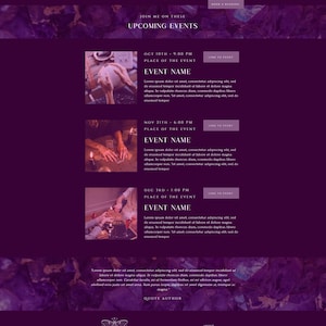 May include: Purple and white website design for Luna & Sage Boutique, featuring a calendar of upcoming events with dates, times, and links to events. The website also includes a quote from an unknown author.